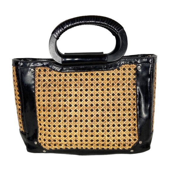 White House Black Market Straw Bag Wicker Black Patent Leather Handbag Tote - Picture 6 of 12